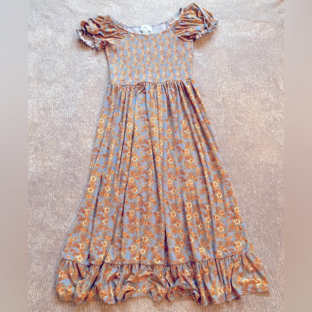 Smocked Puff-Sleeve Maxi Dress in Dusty Blue and Mustard Floral